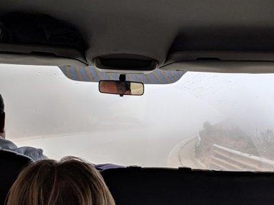 As we drove to higher altitudes, our way became very foggy--or cloudy--either way, the visibility was pretty bad for a while.