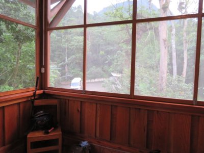 The dining room and deck were up on a hill that overlooked the parking lot and road to the cabins and allowed us to look out into the surrounding canopy of trees.