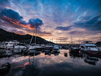 Sunrise in the Typhoon Shelter.  Hong Kong Island South