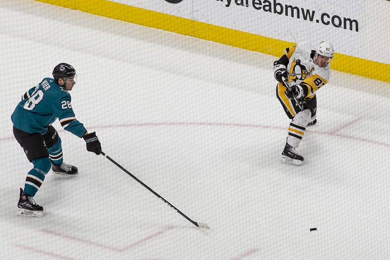 Sidney Crosby takes a shot on goal