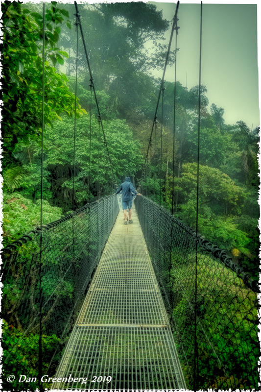 Across a Hanging Bridge in the Rain