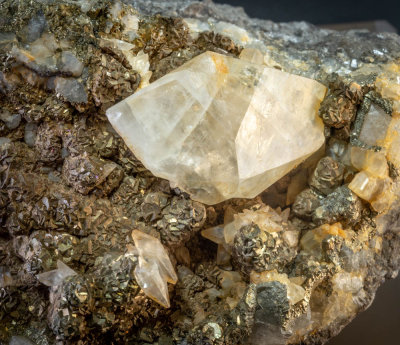 27 mm calcite twin on pyrite, Wick Quarry, South Gloucestershire