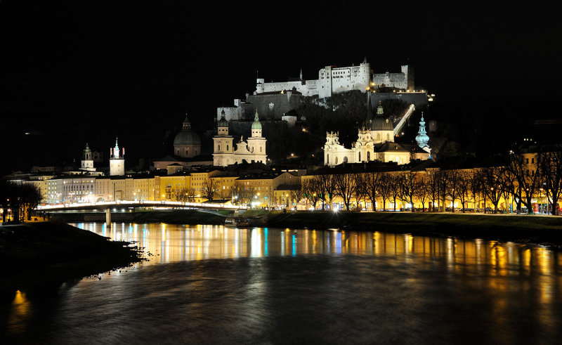 View on old town of Salzburg from the quay of Salzach river