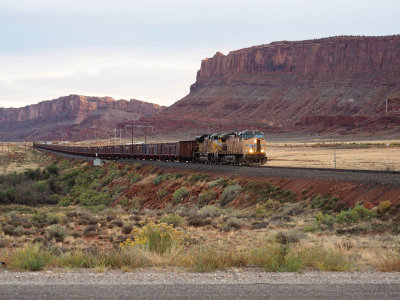The freight train approaches as we head home from Canyonland NP