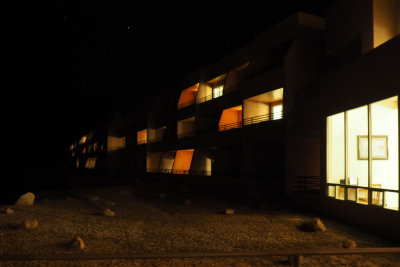 Outside the rooms of The View hotel at Monument Valley at night