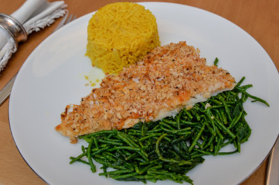 Hake with Sweet Chilli Spiced Crust, Samphire & Spinach