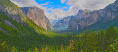 Yosemite Valley, with El Capitan on left, Bridal Veil Falls, & Half Dome in distance.