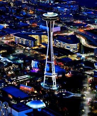 Space Needle and Chihuly Glass Garden and Pacific Science Center in Blue Hour, Seattle, Washington 956