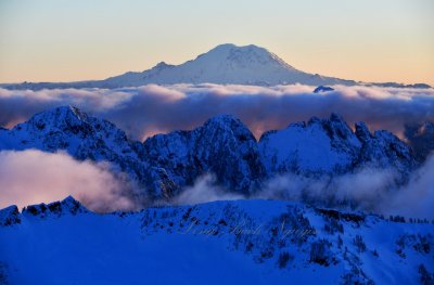 Cascade Mountain,  Garfield Mountain, Treen Mountain and Mount Rainier at Sunset, Washington 618 