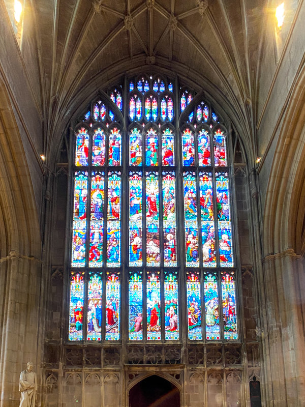 Gloucester Cathedral - Stained glass window in the west end of the Nave.
