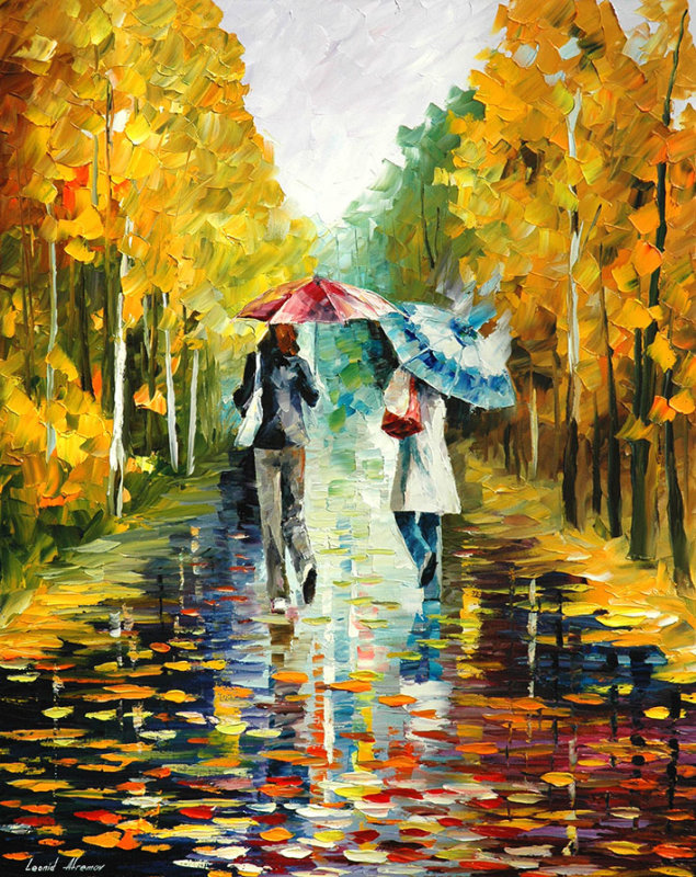 STROLL IN AN AUTUMN RAINY PARK  PALETTE KNIFE Oil Painting On Canvas By Leonid Afremov