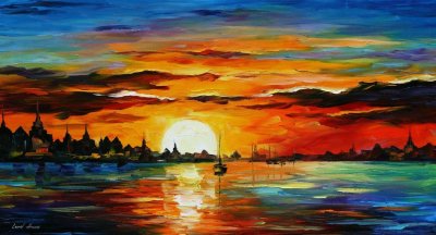 SUNRISE IN THE HARBOR  PALETTE KNIFE Oil Painting On Canvas By Leonid Afremov