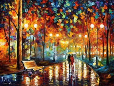 RAIN'S RUSTLE IN THE PARK  PALETTE KNIFE Oil Painting On Canvas By Leonid Afremov
