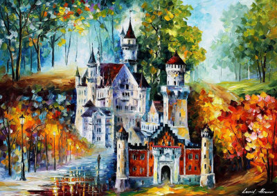 Neuschwanstein - Magical Castle  PALETTE KNIFE Oil Painting On Canvas By Leonid Afremov