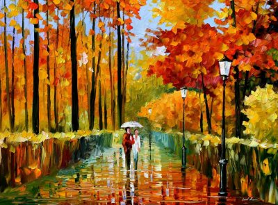 AUTUMN RAIN IN CITY PARK  oil painting on canvas