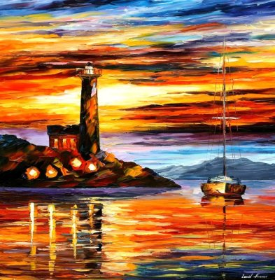 BOAT BY THE LIGHTHOUSE  oil painting on canvas