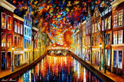 COLORFUL NIGHT AMSTERDAM  PALETTE KNIFE Oil Painting On Canvas By Leonid Afremov