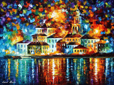 COLORFUL NIGHT HARBOR  oil painting on canvas