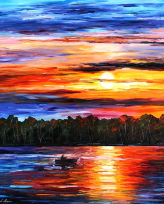 FISHING BY THE SUNSET  PALETTE KNIFE Oil Painting On Canvas By Leonid Afremov