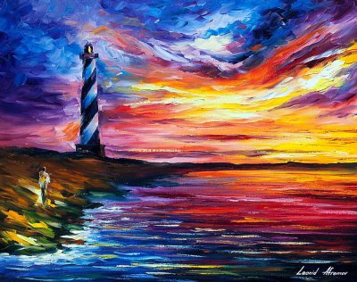 LIGHTHOUSE AND WIND  PALETTE KNIFE Oil Painting On Canvas By Leonid Afremov