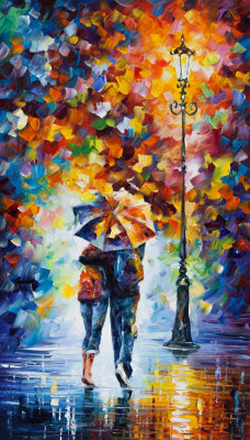 LOVERS UNDER ONE UMBRELLA  PALETTE KNIFE Oil Painting On Canvas By Leonid Afremov