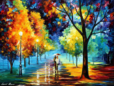 NIGHT ALLEY WALK  PALETTE KNIFE Oil Painting On Canvas By Leonid Afremov