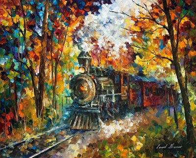 OLD TRAIN  PALETTE KNIFE Oil Painting On Canvas By Leonid Afremov
