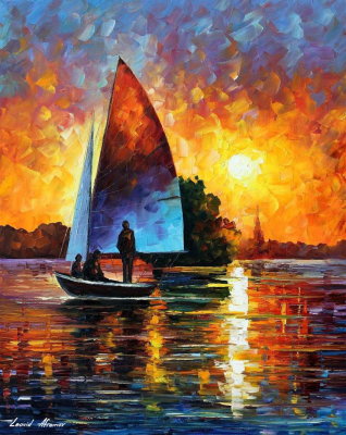 SUMMER SUNSET BY THE LAKE  PALETTE KNIFE Oil Painting On Canvas By Leonid Afremov