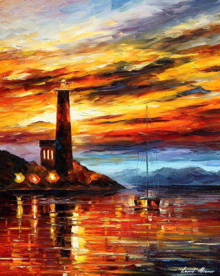 SUNSET BY THE LIGHTHOUSE  PALETTE KNIFE Oil Painting On Canvas By Leonid Afremov