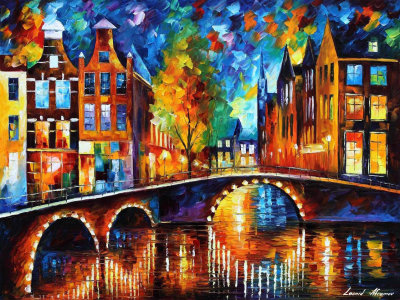 THE MOST BEAUTIFUL BRIDGES OF AMSTERDAM  PALETTE KNIFE Oil Painting On Canvas By Leonid Afremov