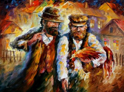 TWO FRIENDS AND ROOSTER  oil painting on canvas