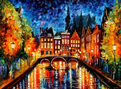 Amsterdam, Canal  PALETTE KNIFE Oil Painting On Canvas By Leonid Afremov