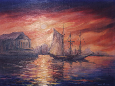 BOATS AT HARBOR  oil painting on canvas