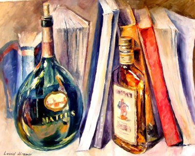 BOTTLES AND BOOKS  oil painting on canvas