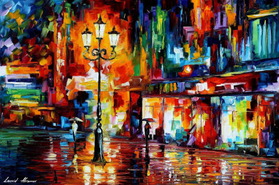 DOWNTOWN NIGHT LIGHTS  PALETTE KNIFE Oil Painting On Canvas By Leonid Afremov