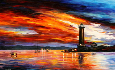 EVENING BY THE LIGHTHOUSE  PALETTE KNIFE Oil Painting On Canvas By Leonid Afremov