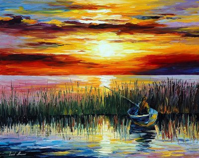 FISHING ON THE LAKE  PALETTE KNIFE Oil Painting On Canvas By Leonid Afremov