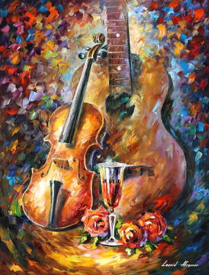 LOVELY GUITAR AND VIOLIN  PALETTE KNIFE Oil Painting On Canvas By Leonid Afremov