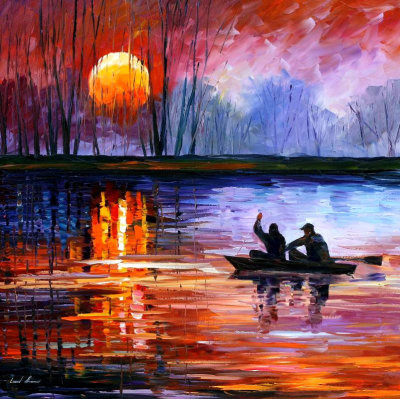 NIGHT FISHING ON THE LAKE  oil painting on canvas
