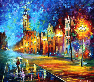 NIGHT OLD TOWN  PALETTE KNIFE Oil Painting On Canvas By Leonid Afremov