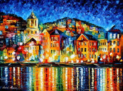 NIGHT TOWN AT THE HARBOR  PALETTE KNIFE Oil Painting On Canvas By Leonid Afremov