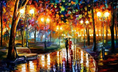 RAIN'S RUSTLE IN THE PARK  PALETTE KNIFE Oil Painting On Canvas By Leonid Afremov