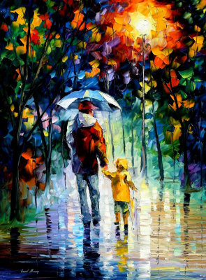 RAINY WALK WITH DADDY 48x72 (120cm x 180cm)  oil painting on canvas