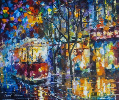 RED TRAM IN THE RAINY CITY  Original Oil Painting On Canvas By Leonid Afremov