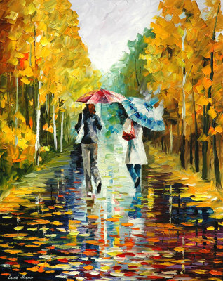 STROLL IN AN AUTUMN RAINY PARK PALETTE KNIFE Oil Painting On Canvas By Leonid Afremov