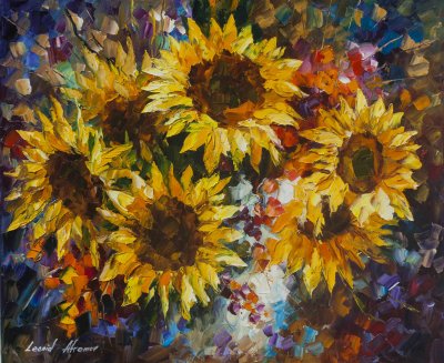 SUNFLOWERS SHINING  PALETTE KNIFE Oil Painting On Canvas By Leonid Afremov