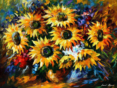 SUMMER SUNFLOWERS  PALETTE KNIFE Oil Painting On Canvas By Leonid Afremov