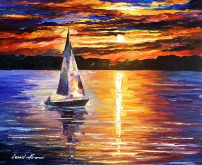 SUNSET OVER THE LAKE  PALETTE KNIFE Oil Painting On Canvas By Leonid Afremov
