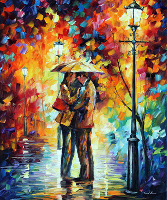 SWEET KISS UNDER THE RAIN  PALETTE KNIFE Oil Painting On Canvas By Leonid Afremov