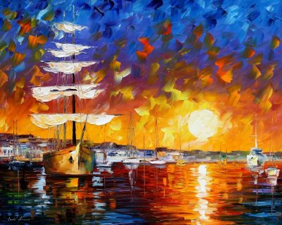 THE SUNSET SAILER  PALETTE KNIFE Oil Painting On Canvas By Leonid Afremov